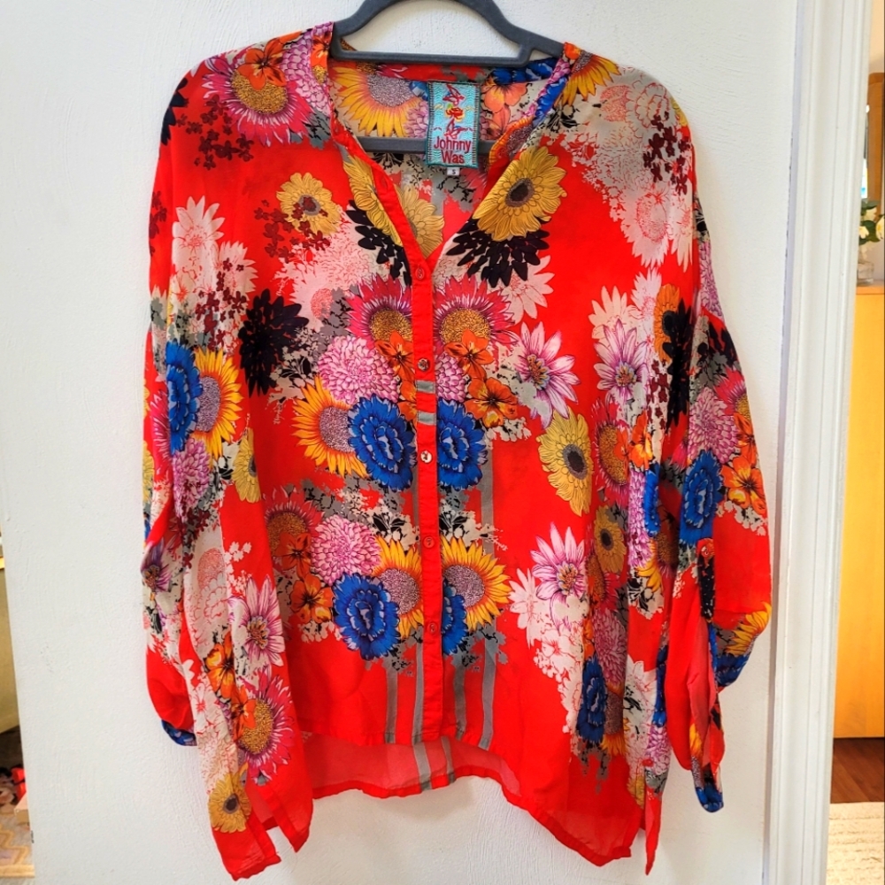 *SOLD ON EBAY* Johnny Was Mishka Boho Red Floral Print Peasant Top Blouse Size S